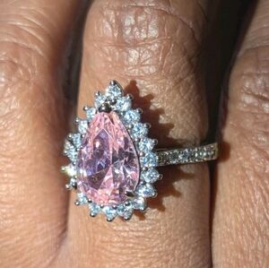 3Ct Pear Lab-Created Pink Sapphire Halo Engagement Ring 14K White Gold Plated